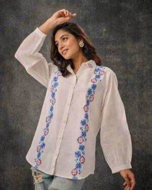 Ivory White Handcrafted Cotton-Silk Phulkari Shirt
