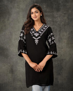 Midnight Black Handcrafted Georgette Phulkari Kurti – 70 Hours of Artisan Embroidery