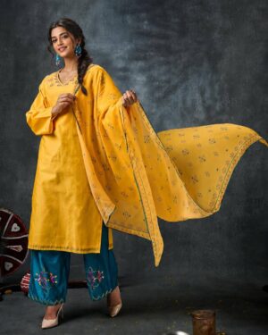 Noor-e-Basant Handcrafted Cotton-Silk Phulkari Suit Set – Daffodil Yellow & Teal Blue-1